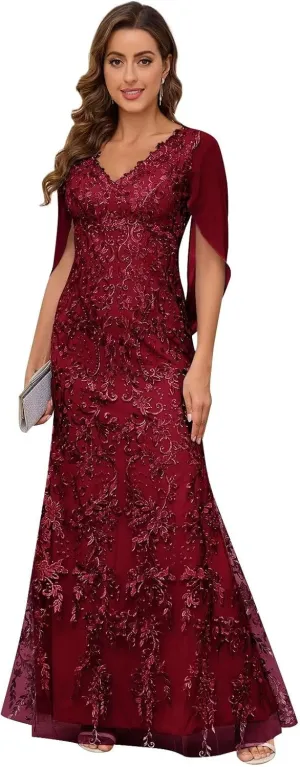 Mermaid Lace Mother of The Bride Dresses for Wedding V Neck Formal Evening Gowns with Cape Sleeves