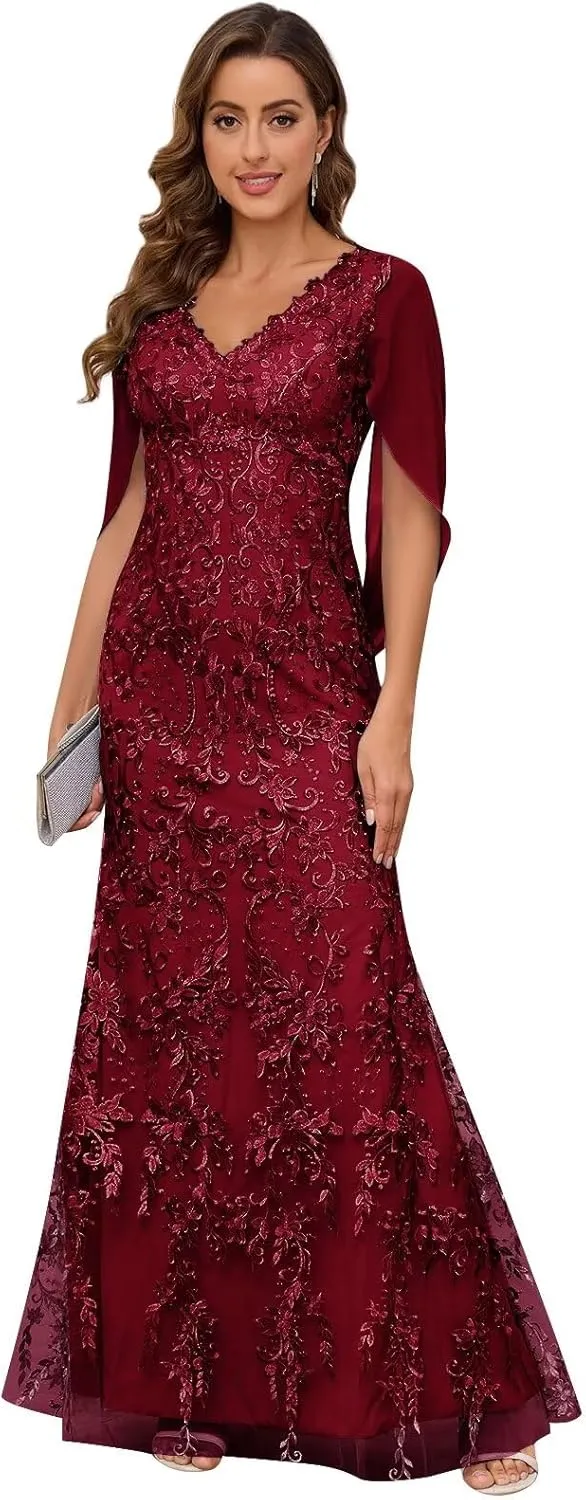 Mermaid Lace Mother of The Bride Dresses for Wedding V Neck Formal Evening Gowns with Cape Sleeves