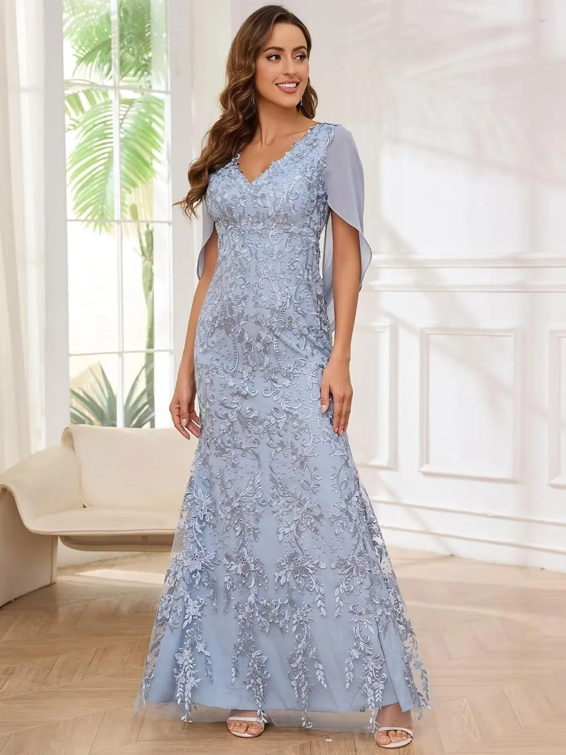 Mermaid Lace Mother of The Bride Dresses for Wedding V Neck Formal Evening Gowns with Cape Sleeves