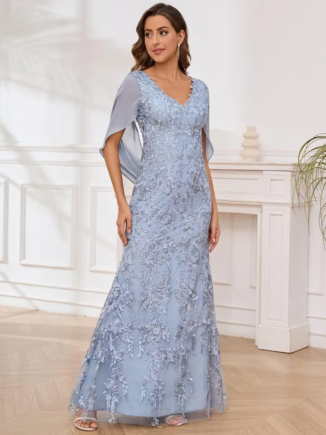 Mermaid Lace Mother of The Bride Dresses for Wedding V Neck Formal Evening Gowns with Cape Sleeves