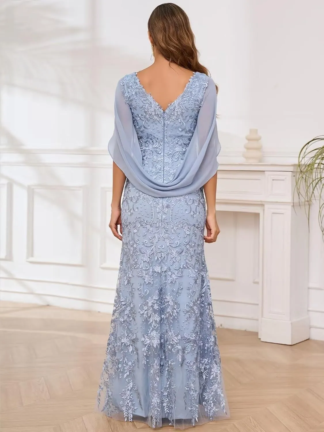 Mermaid Lace Mother of The Bride Dresses for Wedding V Neck Formal Evening Gowns with Cape Sleeves