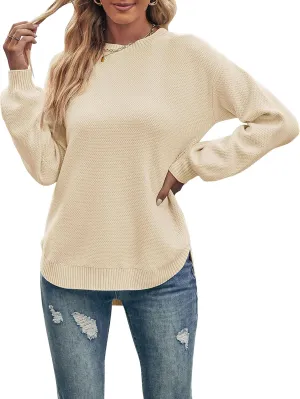 MEROKEETY Women's 2025 Fall Long Balloon Sleeve Crew Neck Sweater Tops Waffle Knit Soft Pullover Jumper