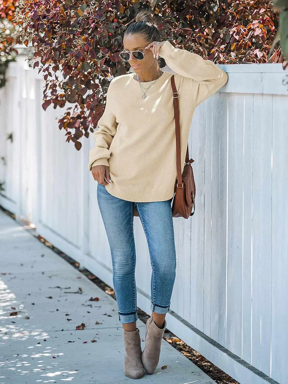 MEROKEETY Women's 2025 Fall Long Balloon Sleeve Crew Neck Sweater Tops Waffle Knit Soft Pullover Jumper
