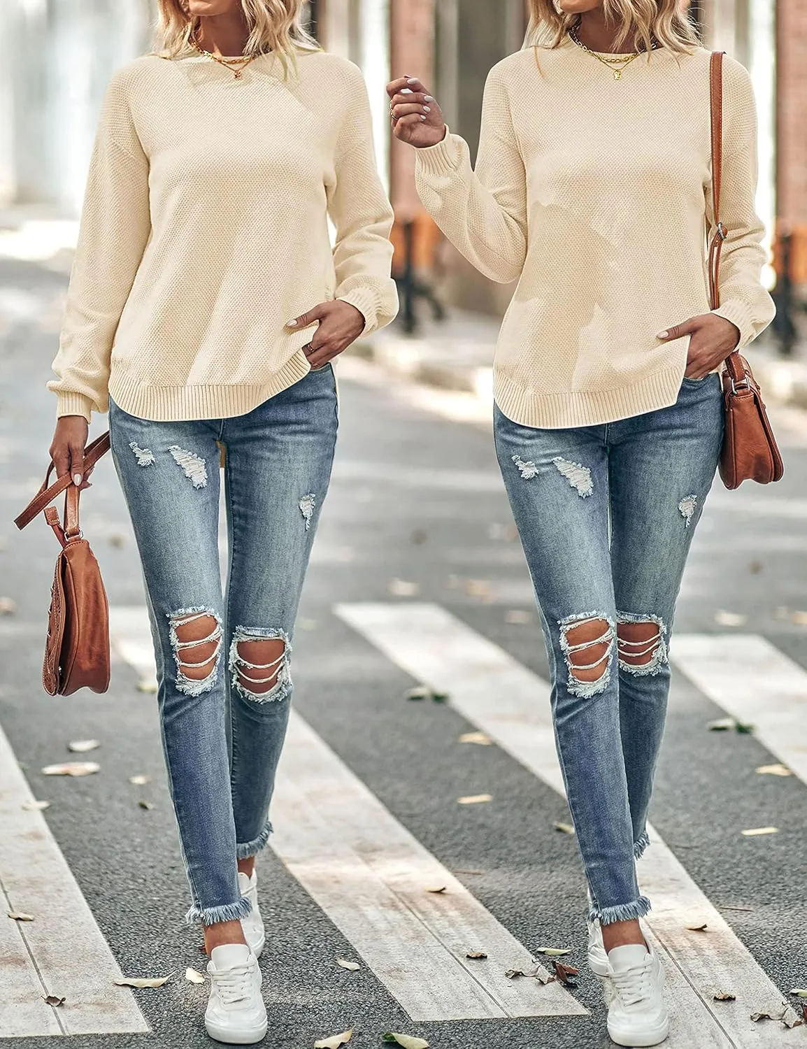 MEROKEETY Women's 2025 Fall Long Balloon Sleeve Crew Neck Sweater Tops Waffle Knit Soft Pullover Jumper