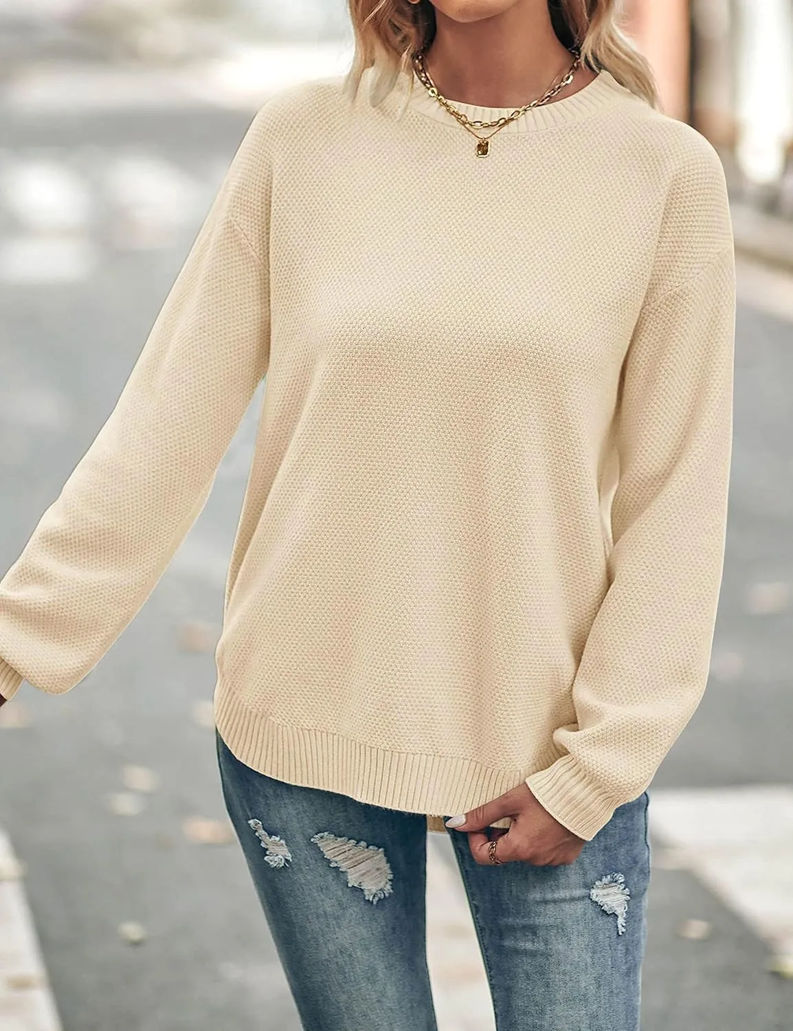 MEROKEETY Women's 2025 Fall Long Balloon Sleeve Crew Neck Sweater Tops Waffle Knit Soft Pullover Jumper