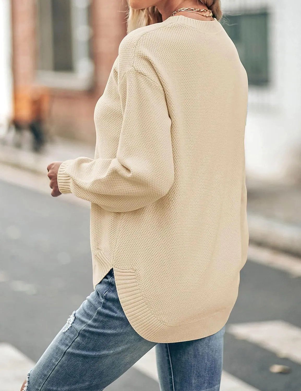 MEROKEETY Women's 2025 Fall Long Balloon Sleeve Crew Neck Sweater Tops Waffle Knit Soft Pullover Jumper