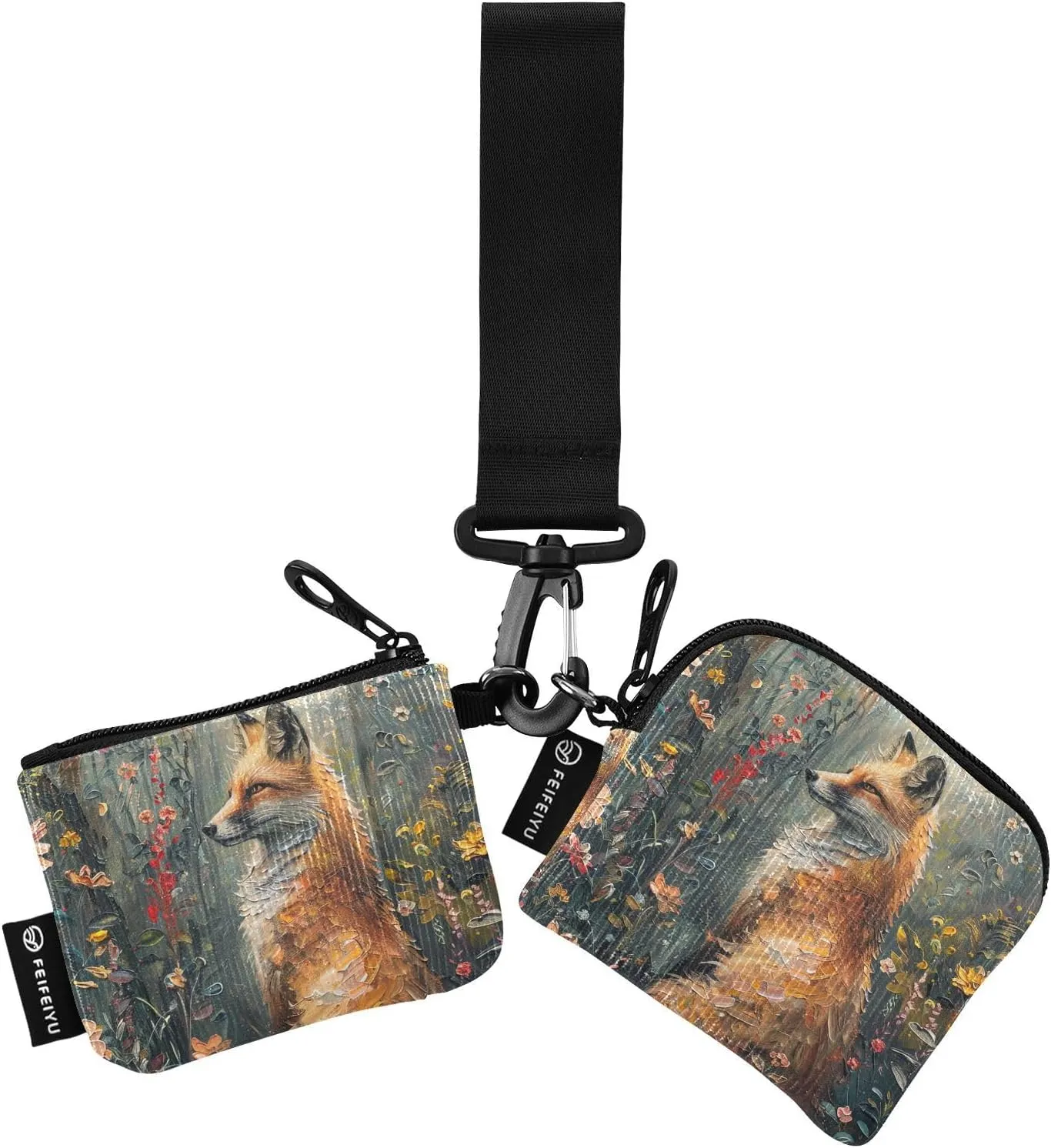 Mini Zip Around Wristlet keychain Wallet Fox Sit Flowers for Women Personalized Pattern Detachable Dual Pouch Wristlet Portable Wallet Phone Coin Purse
