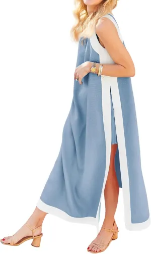 MISSACTIVER Boho 2 Piece Sets For Women Color Block Sleeveless Maxi Dress Shorts with Pockets Summer Matching Dress Set