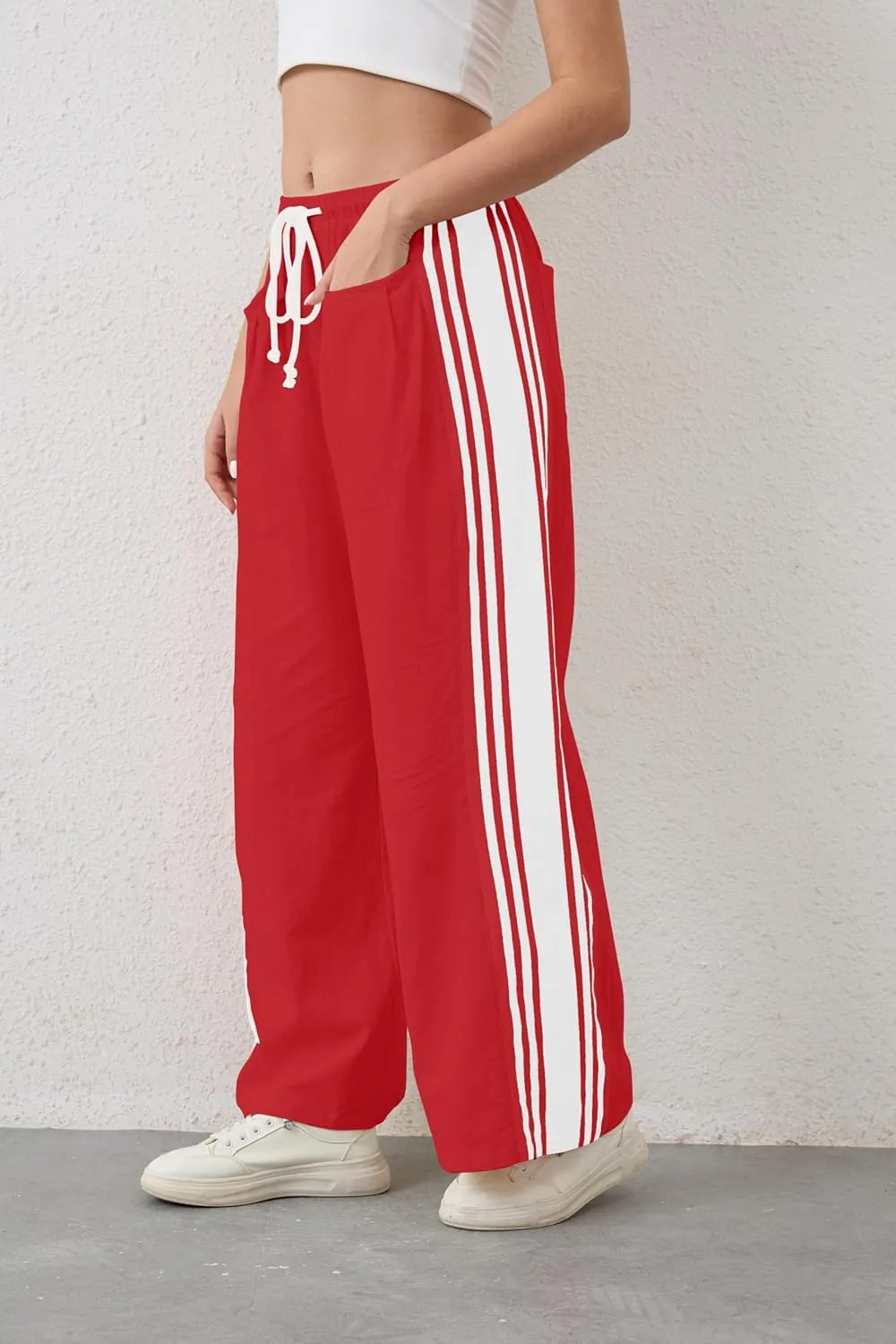 MISSACTIVER Women Side Striped Wide Leg Pants Color Block High Rise Drawstring Sweatpants Baggy Track Pants with Pockets
