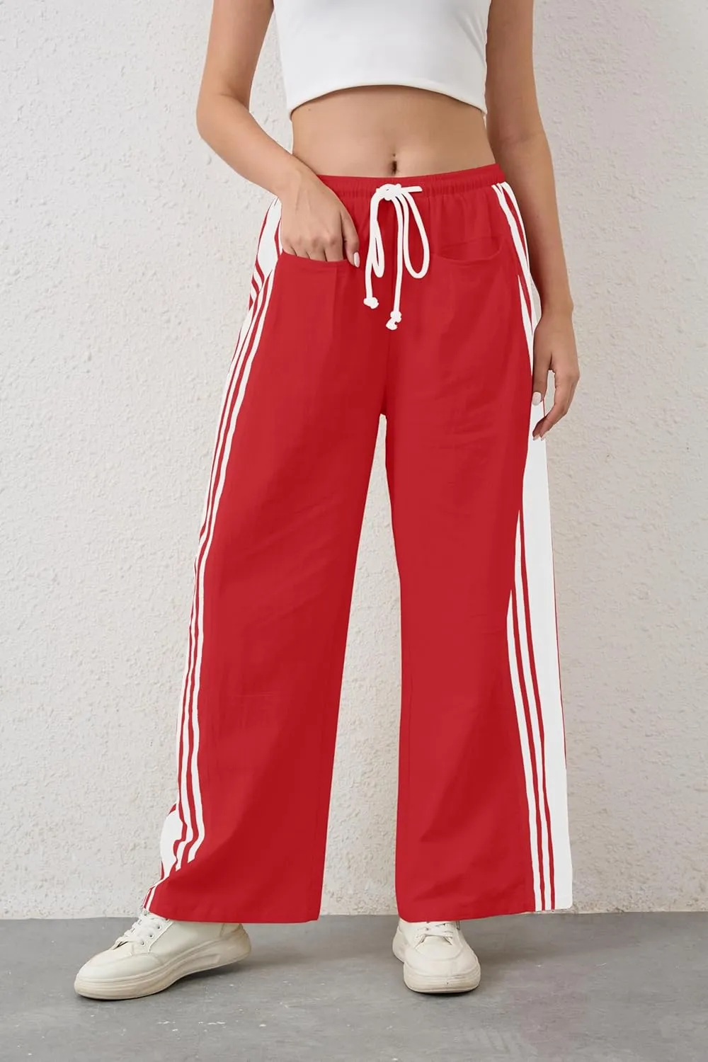 MISSACTIVER Women Side Striped Wide Leg Pants Color Block High Rise Drawstring Sweatpants Baggy Track Pants with Pockets