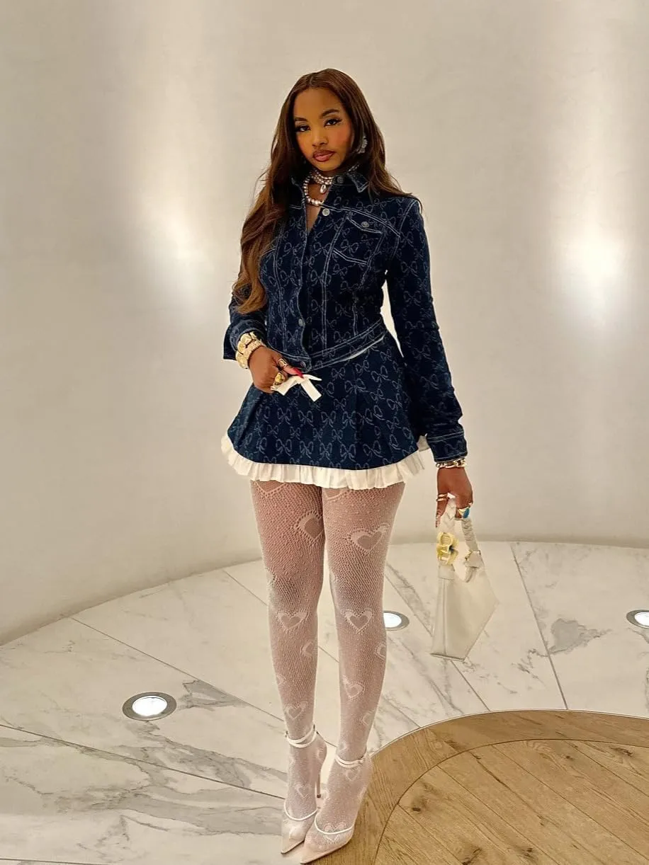 Molilove Women Denim 2 Piece Outfits Button Print Long Sleeve Jacket Ruffle Pleated Mini Skirt Going Out Sets