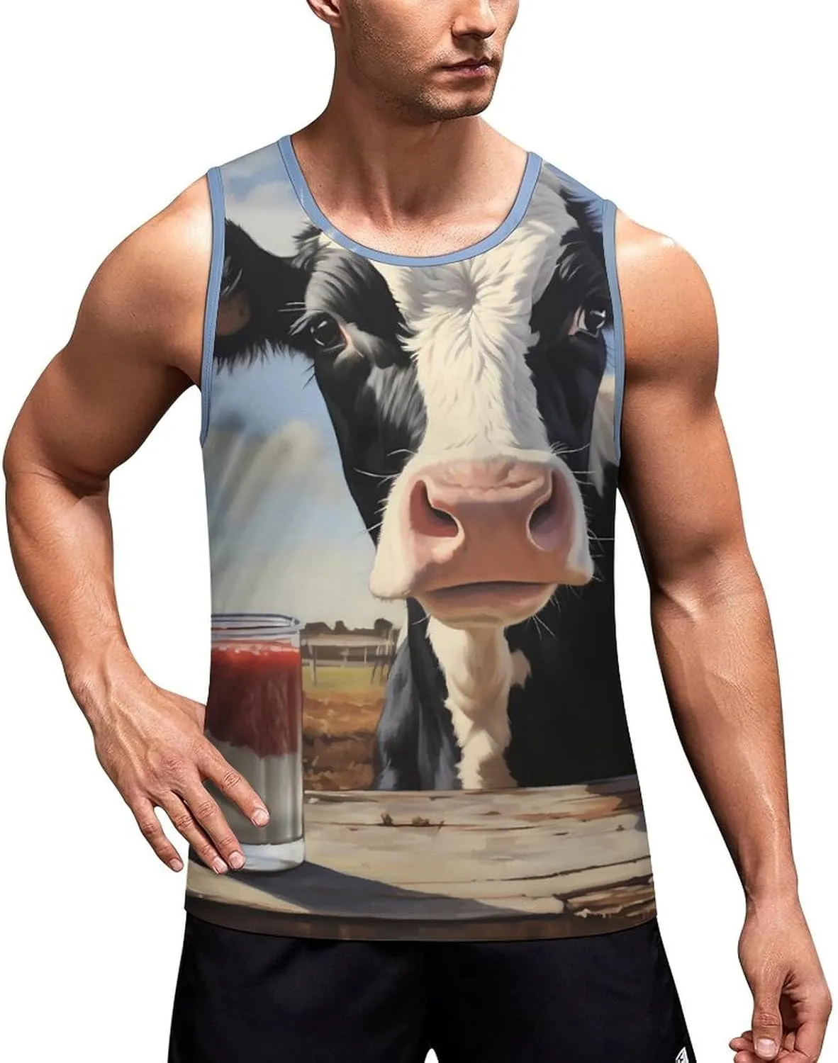 Moo Cow and Milk Mens Tank Top Undershirt Sleeveless Gym Vest Workout T-Shirts