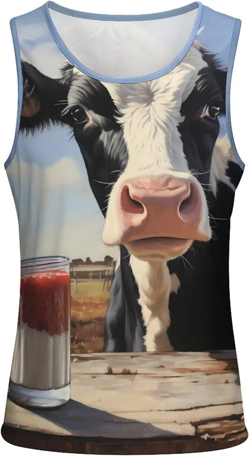 Moo Cow and Milk Mens Tank Top Undershirt Sleeveless Gym Vest Workout T-Shirts