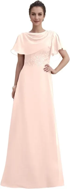 Mother of The Bride Dresses A-line Crew Neck Floor Length Wedding Guest Dress 2024 Chiffon Cape Sleeve Evening Gowns