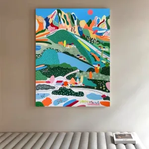 Mountain Village Colorful Print Wall Art with Frame