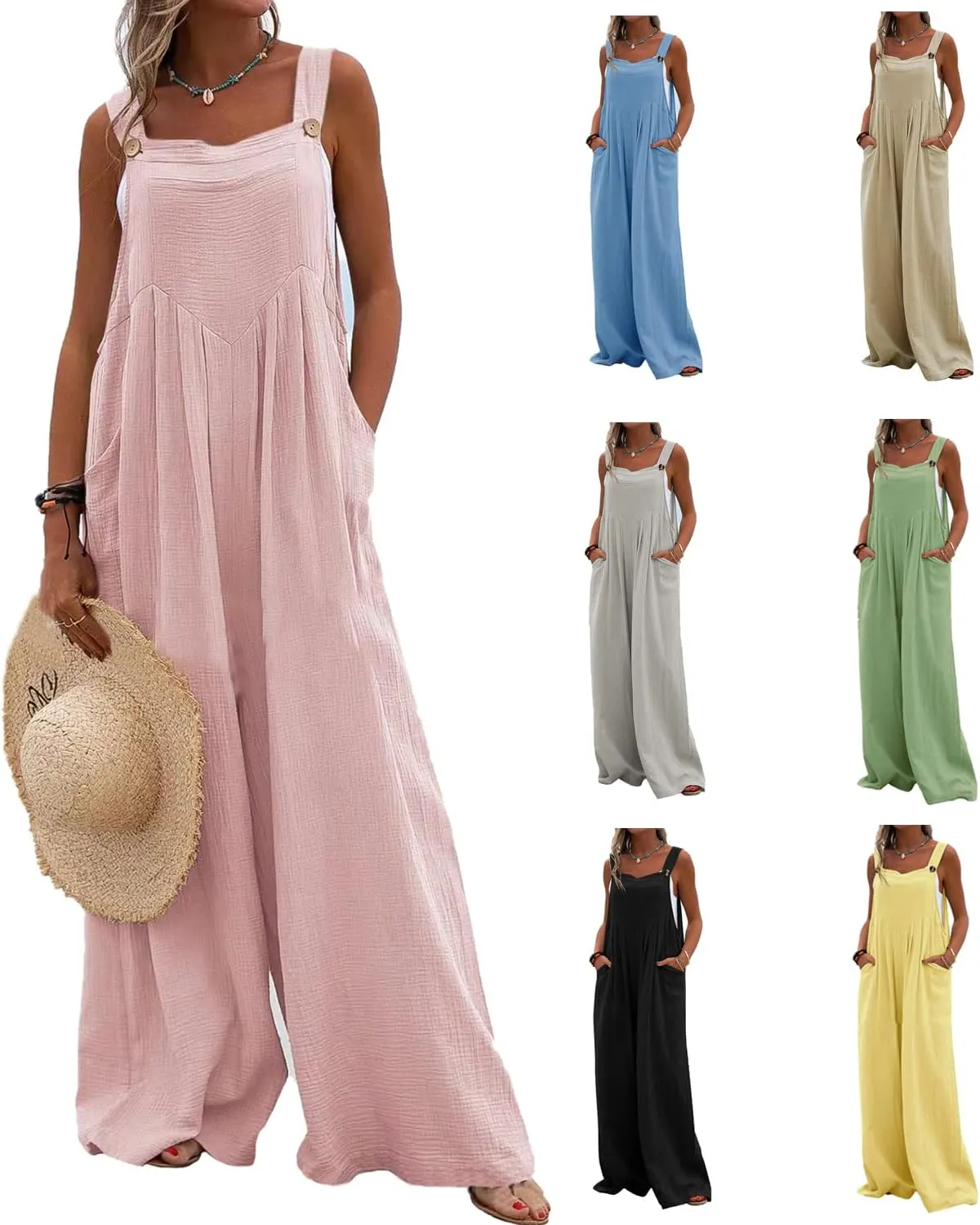 Mywinway Wide Leg Jumpsuits for Women Casual Baggy Long Bib Beach Loose Overalls Jumpsuits