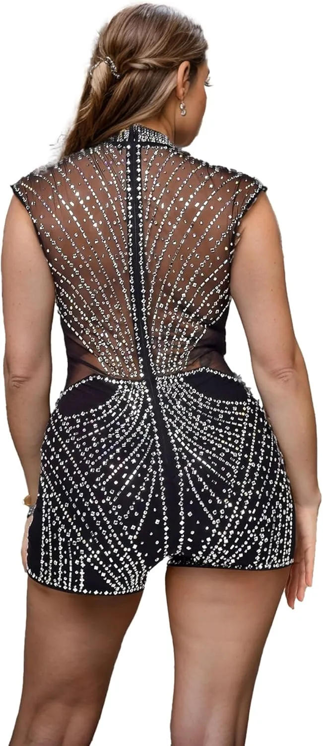 Nagfar Women Rhinestone Sexy Romper Jumpsuits Hot Drilling Romper Birthday Party Evening Club Night Outfits