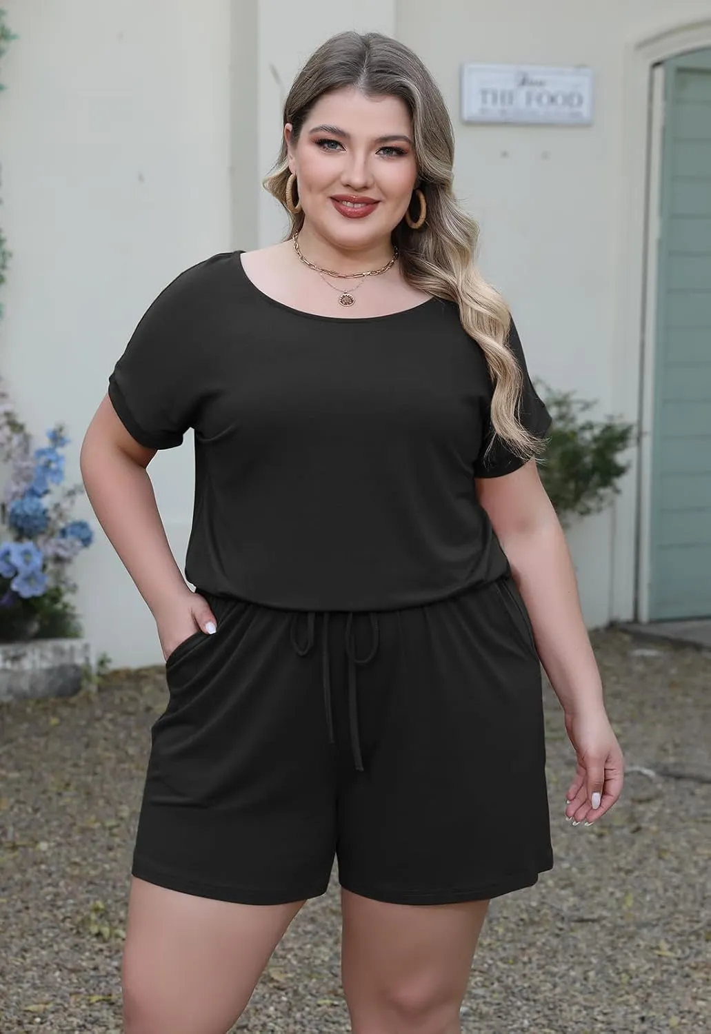 Nemidor Plus Size Rompers for Curvy Women Casual Summer One Piece Short Sleeve Loose Elastic Waist Jumpsuit with Pocket