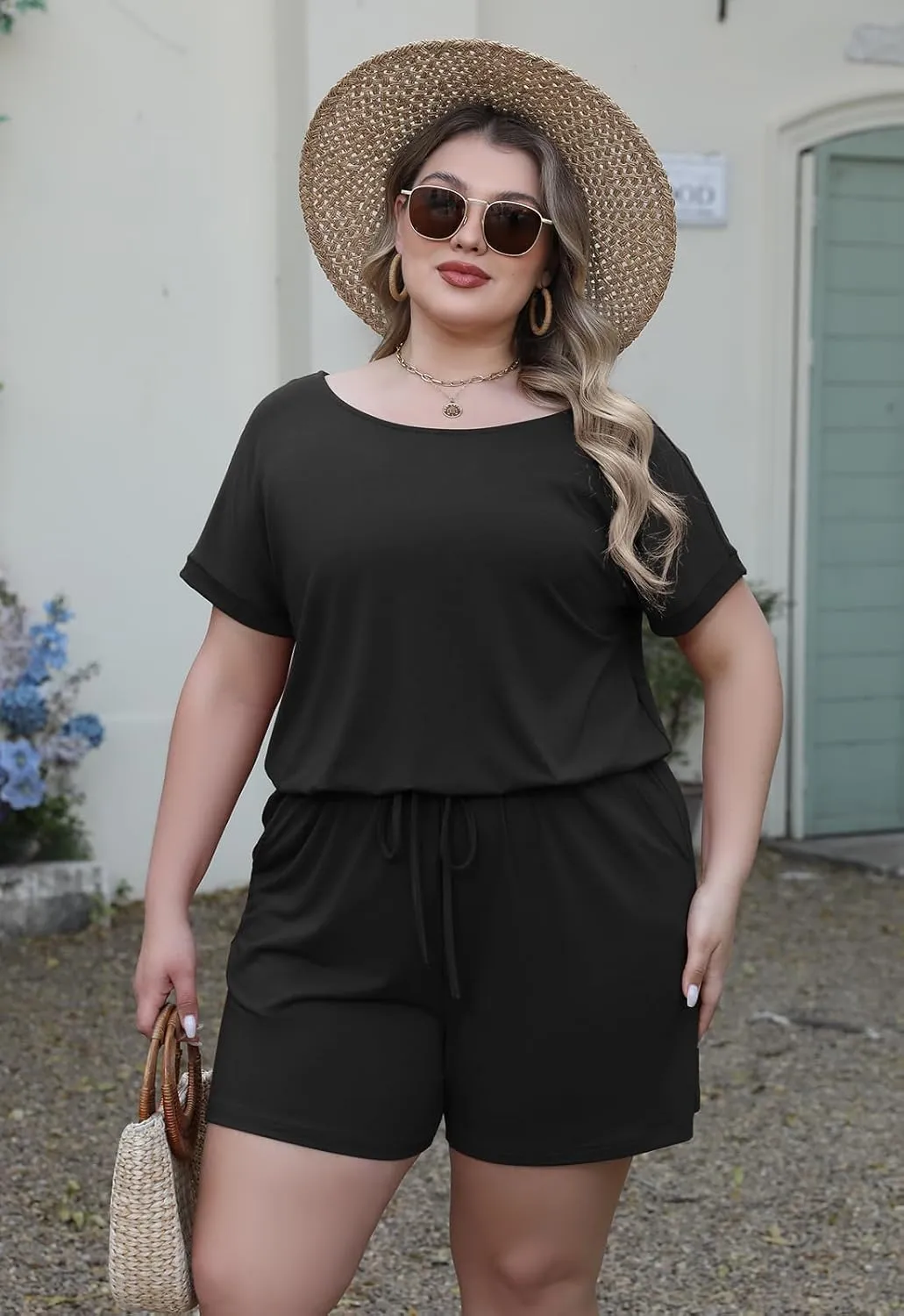 Nemidor Plus Size Rompers for Curvy Women Casual Summer One Piece Short Sleeve Loose Elastic Waist Jumpsuit with Pocket