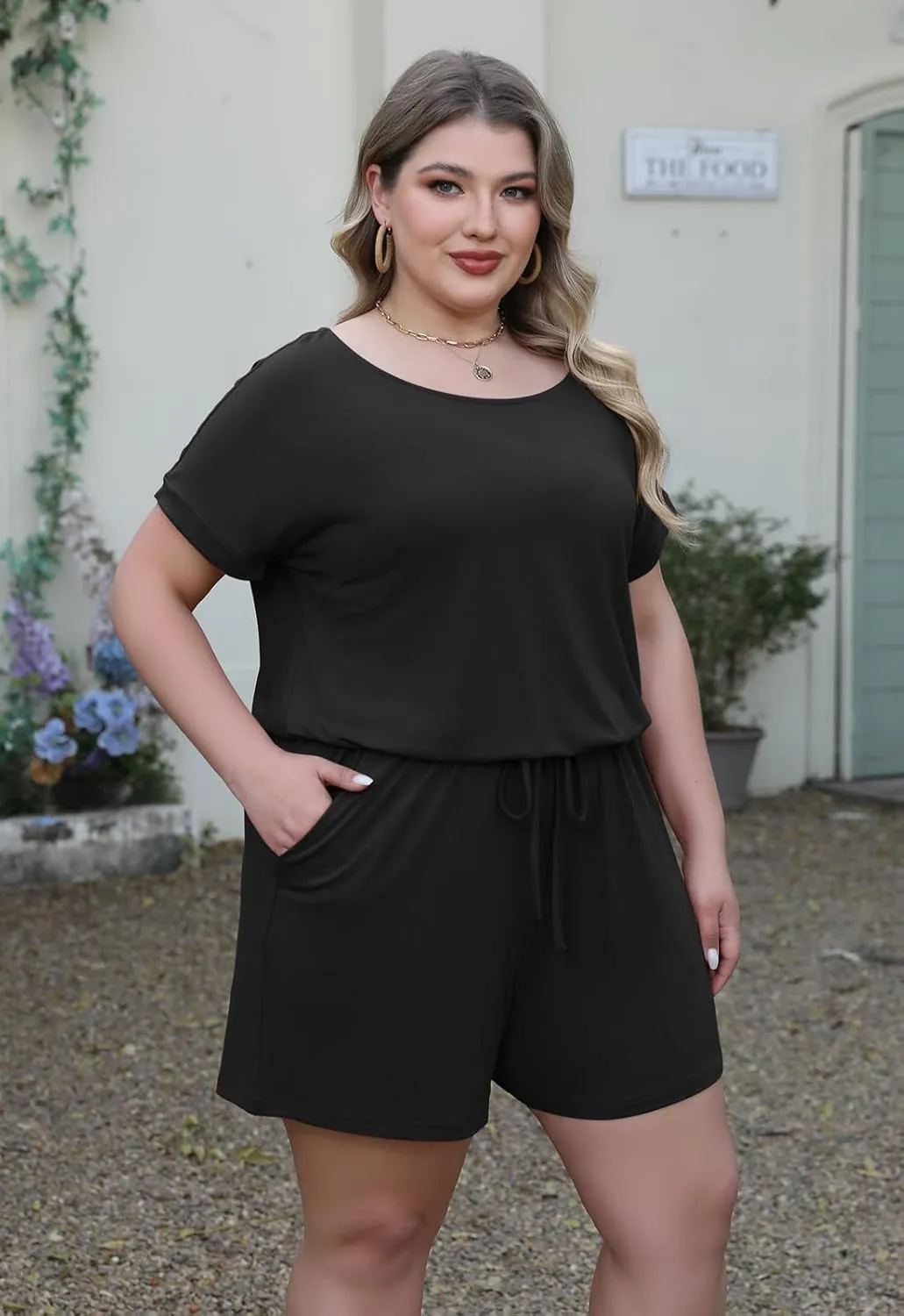 Nemidor Plus Size Rompers for Curvy Women Casual Summer One Piece Short Sleeve Loose Elastic Waist Jumpsuit with Pocket