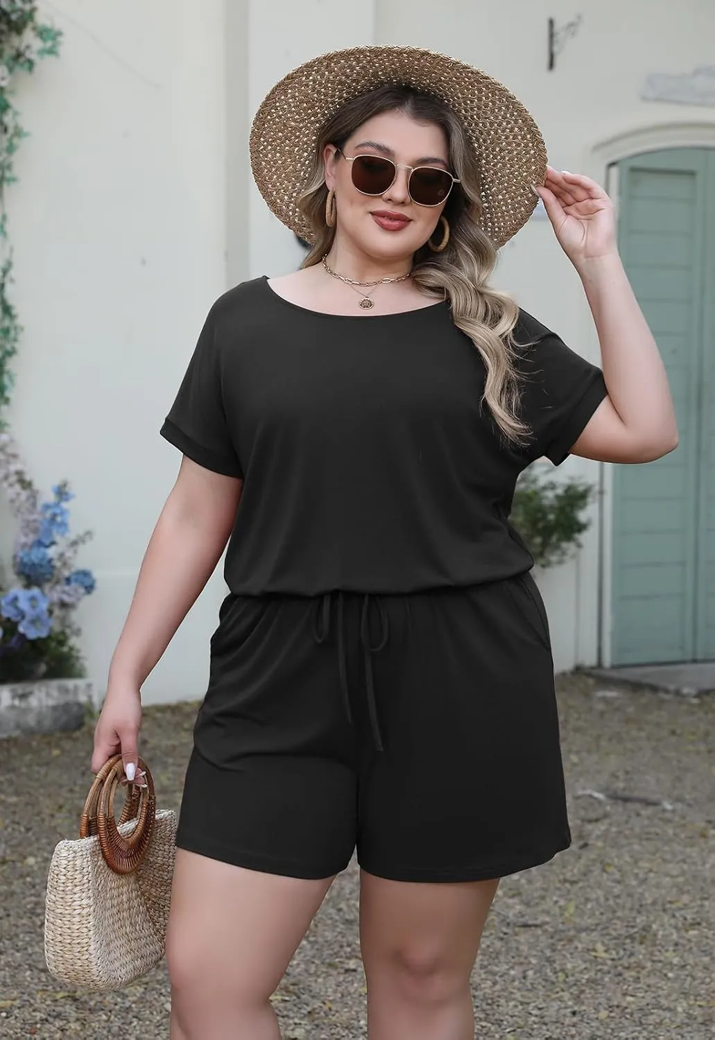 Nemidor Plus Size Rompers for Curvy Women Casual Summer One Piece Short Sleeve Loose Elastic Waist Jumpsuit with Pocket