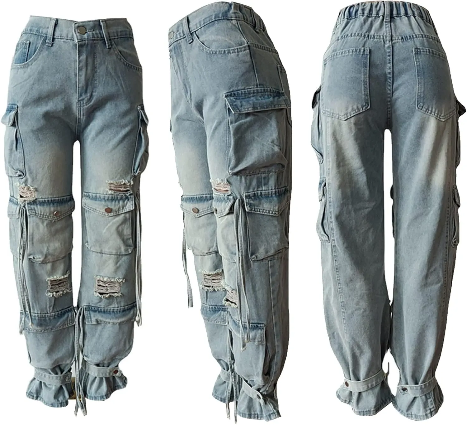 NRTHYE Cargo Jeans for Women Y2K High Waist Baggy Denim Cargo Pants with Pocket Streetwear