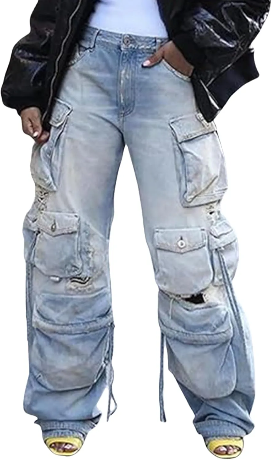 NRTHYE Cargo Jeans for Women Y2K High Waist Baggy Denim Cargo Pants with Pocket Streetwear