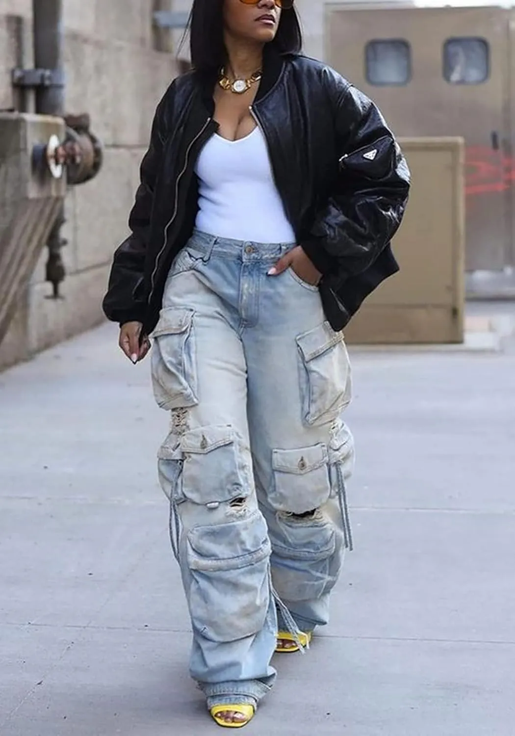 NRTHYE Cargo Jeans for Women Y2K High Waist Baggy Denim Cargo Pants with Pocket Streetwear
