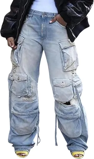 NRTHYE Cargo Jeans for Women Y2K High Waist Baggy Denim Cargo Pants with Pocket Streetwear