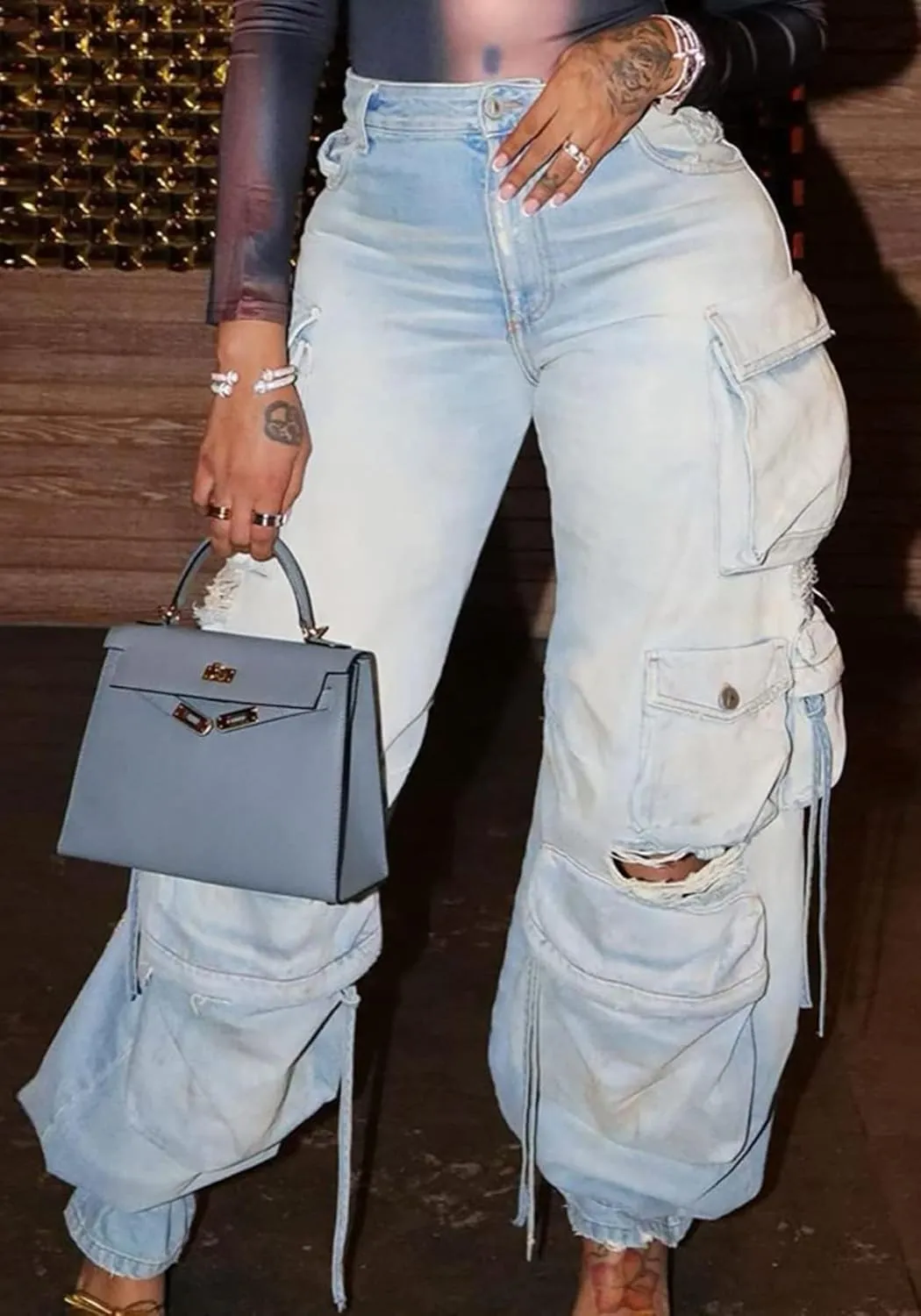 NRTHYE Cargo Jeans for Women Y2K High Waist Baggy Denim Cargo Pants with Pocket Streetwear