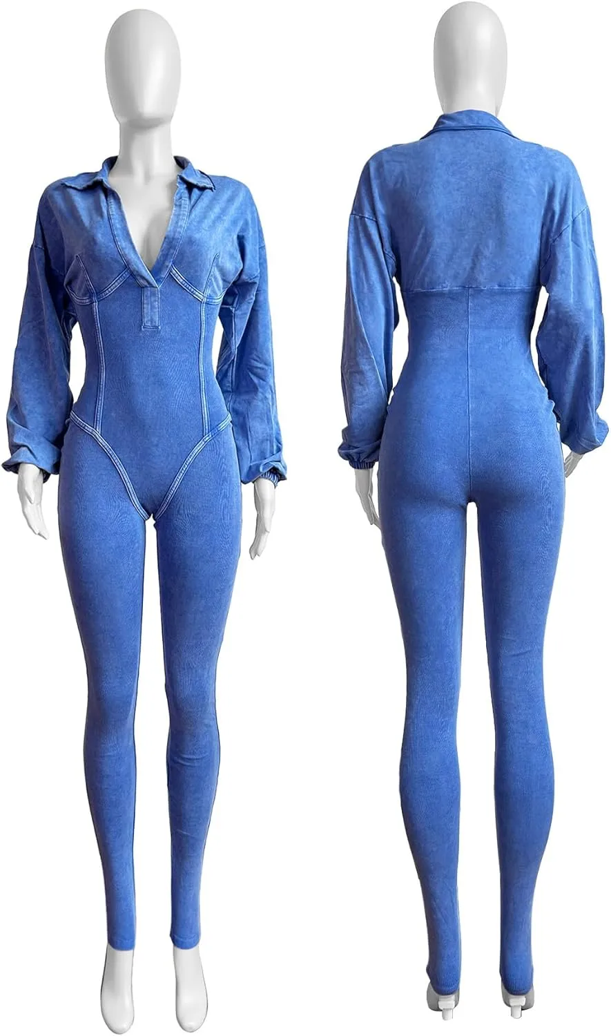 NRTHYE Women's Sexy One Piece Jumpsuit V-Neck Long Sleeve Casual Washed Ribbed Bodycon Corset Romper Club Outfits