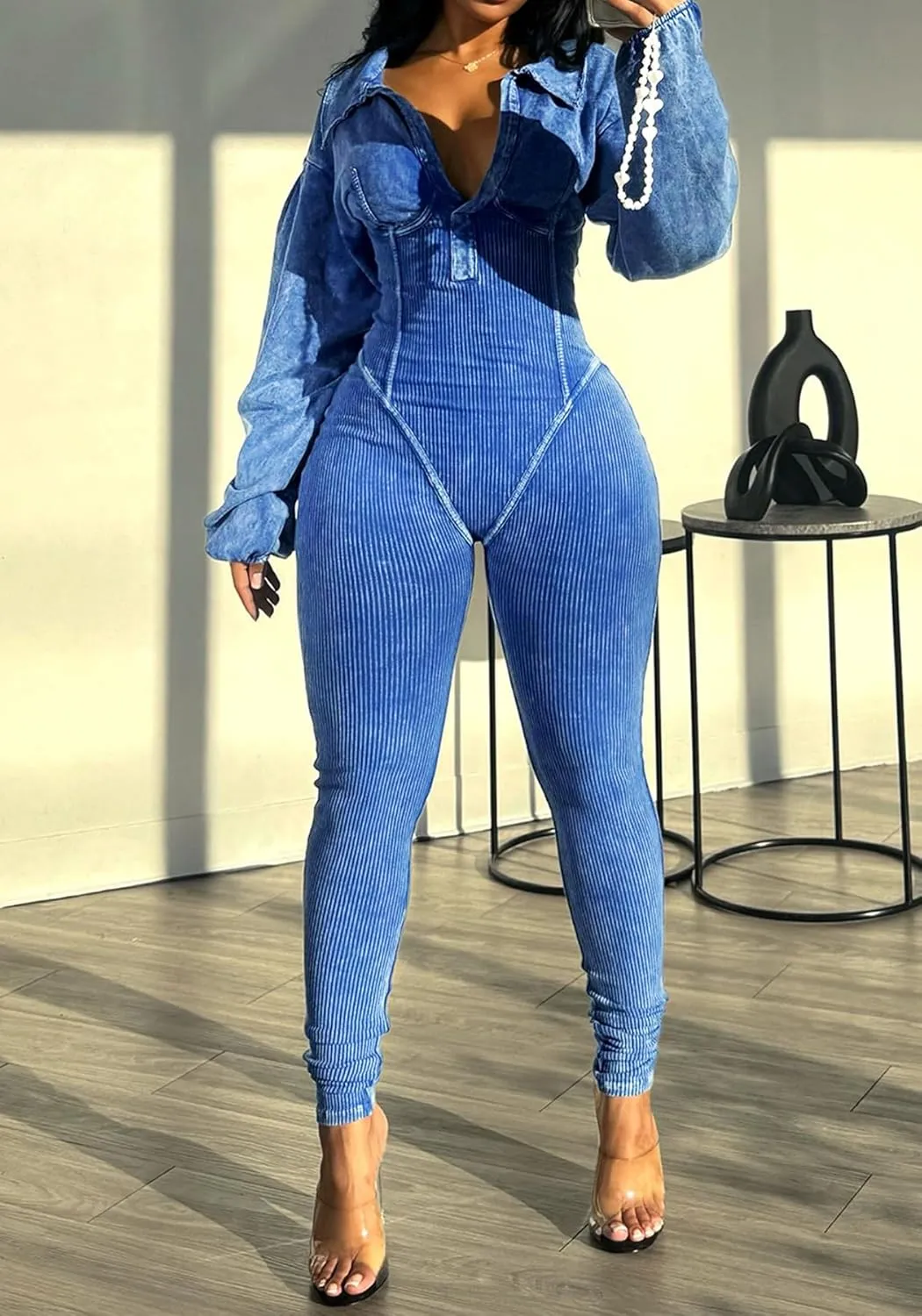 NRTHYE Women's Sexy One Piece Jumpsuit V-Neck Long Sleeve Casual Washed Ribbed Bodycon Corset Romper Club Outfits