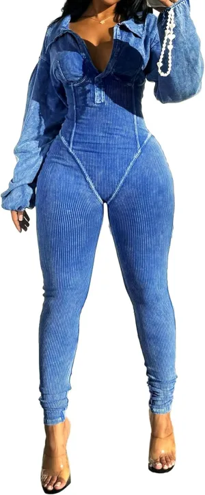 NRTHYE Women's Sexy One Piece Jumpsuit V-Neck Long Sleeve Casual Washed Ribbed Bodycon Corset Romper Club Outfits