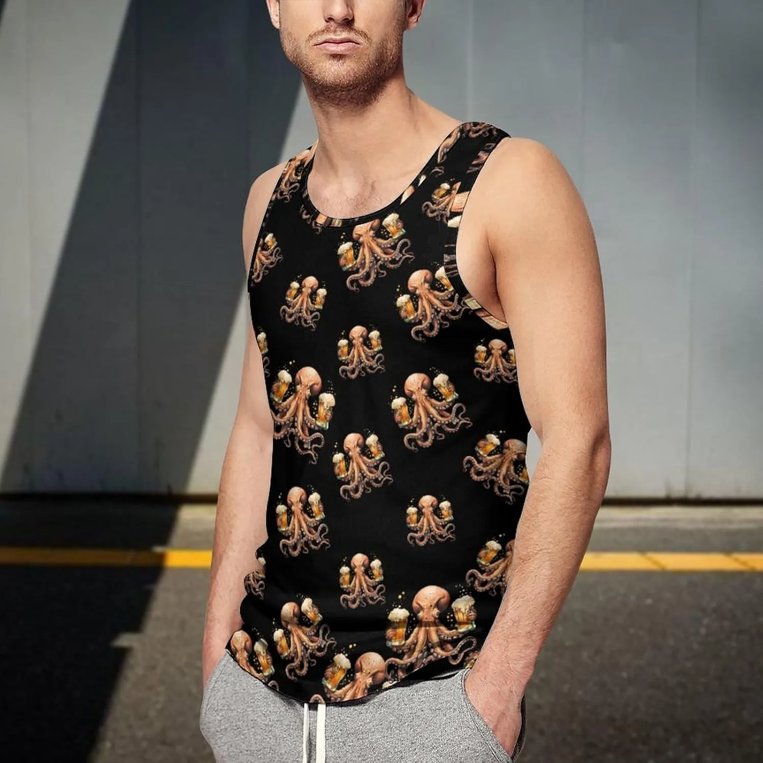 Octopus with Beers Men's Tank Tops Summer Sleeveless T-Shirts Gym Workout Tee Casual Beach Tee