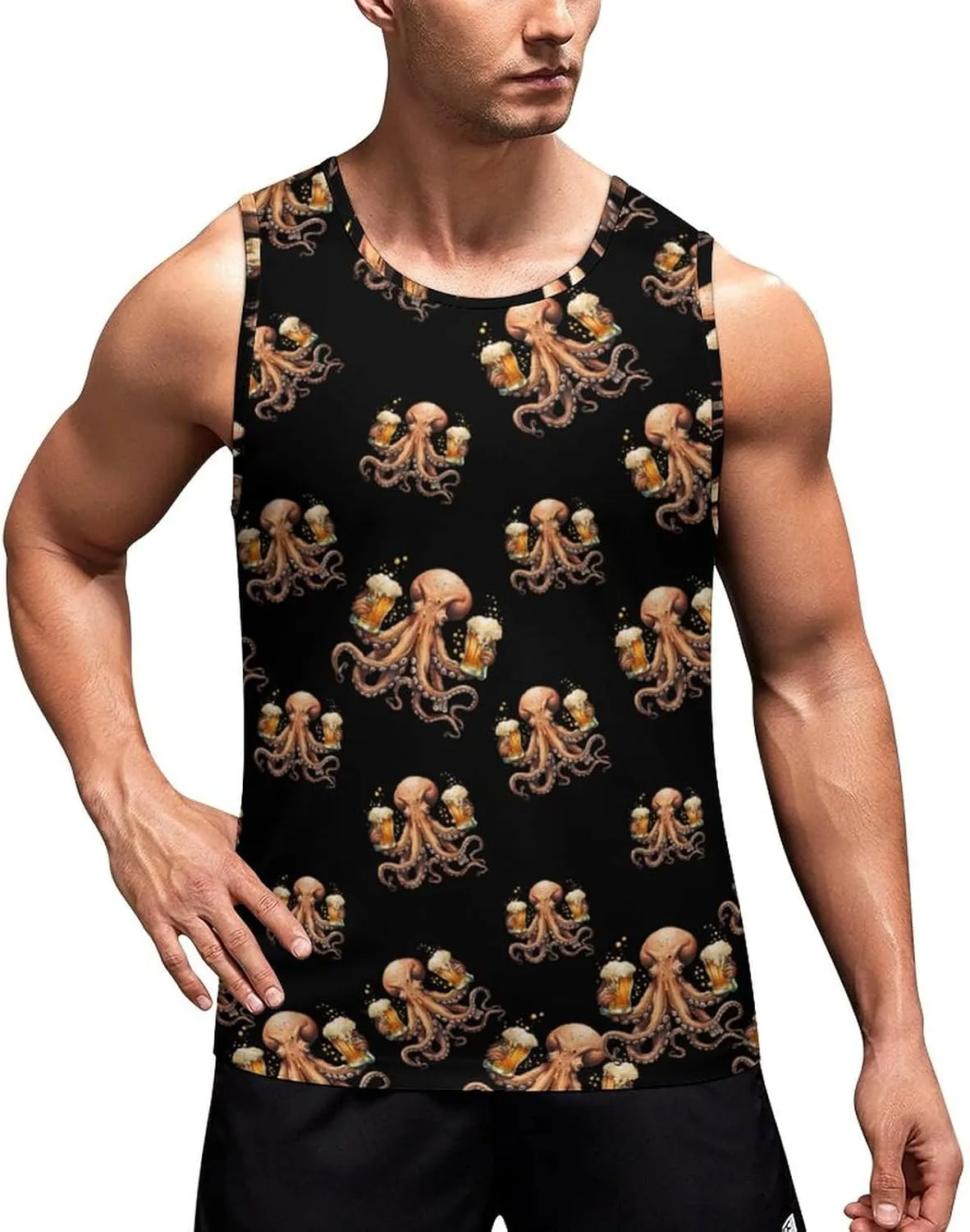 Octopus with Beers Men's Tank Tops Summer Sleeveless T-Shirts Gym Workout Tee Casual Beach Tee