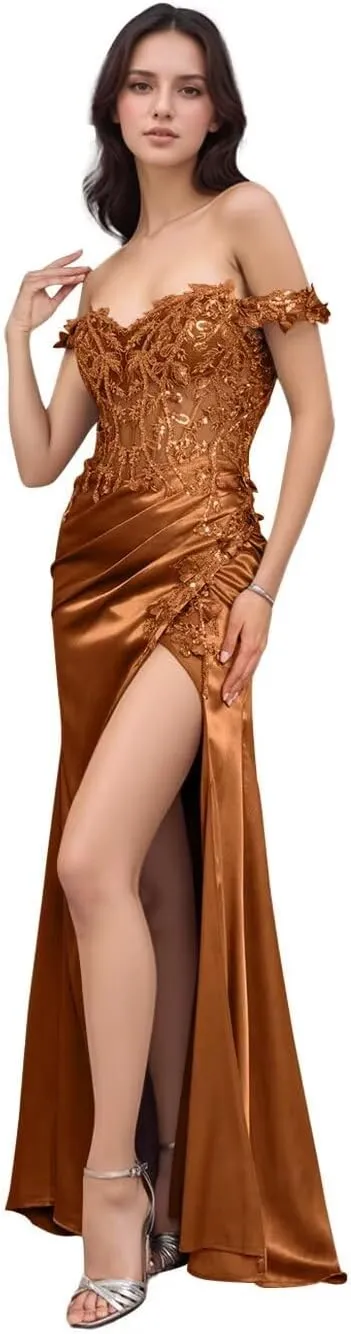 Off Shoulder Mermaid Prom Dresses for Women 2025 Satin Lace Appliques Beaded Sequins Formal Evening Party Gowns with Slit