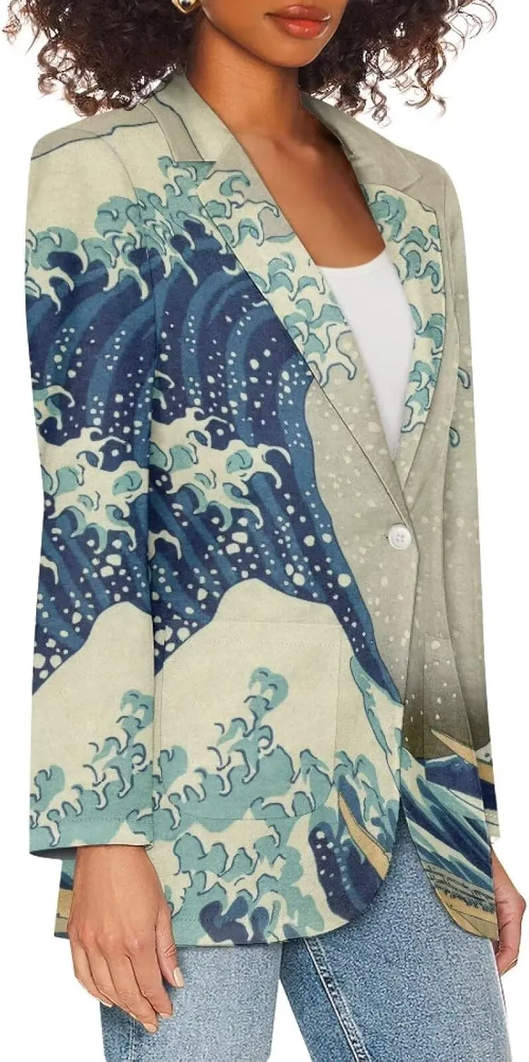 Oil Painting Printed Women's Long Sleeve Blazer with Pockets Single Button Jacket for Painting Exhibition, Party