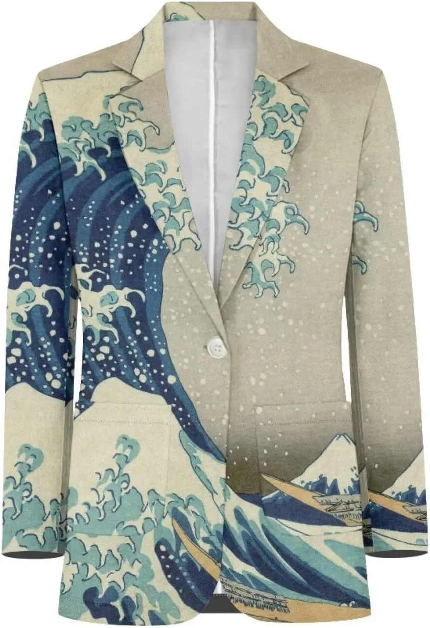 Oil Painting Printed Women's Long Sleeve Blazer with Pockets Single Button Jacket for Painting Exhibition, Party
