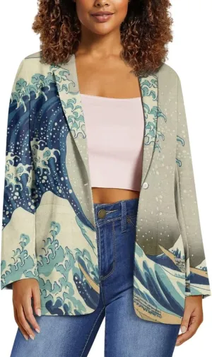 Oil Painting Printed Women's Long Sleeve Blazer with Pockets Single Button Jacket for Painting Exhibition, Party