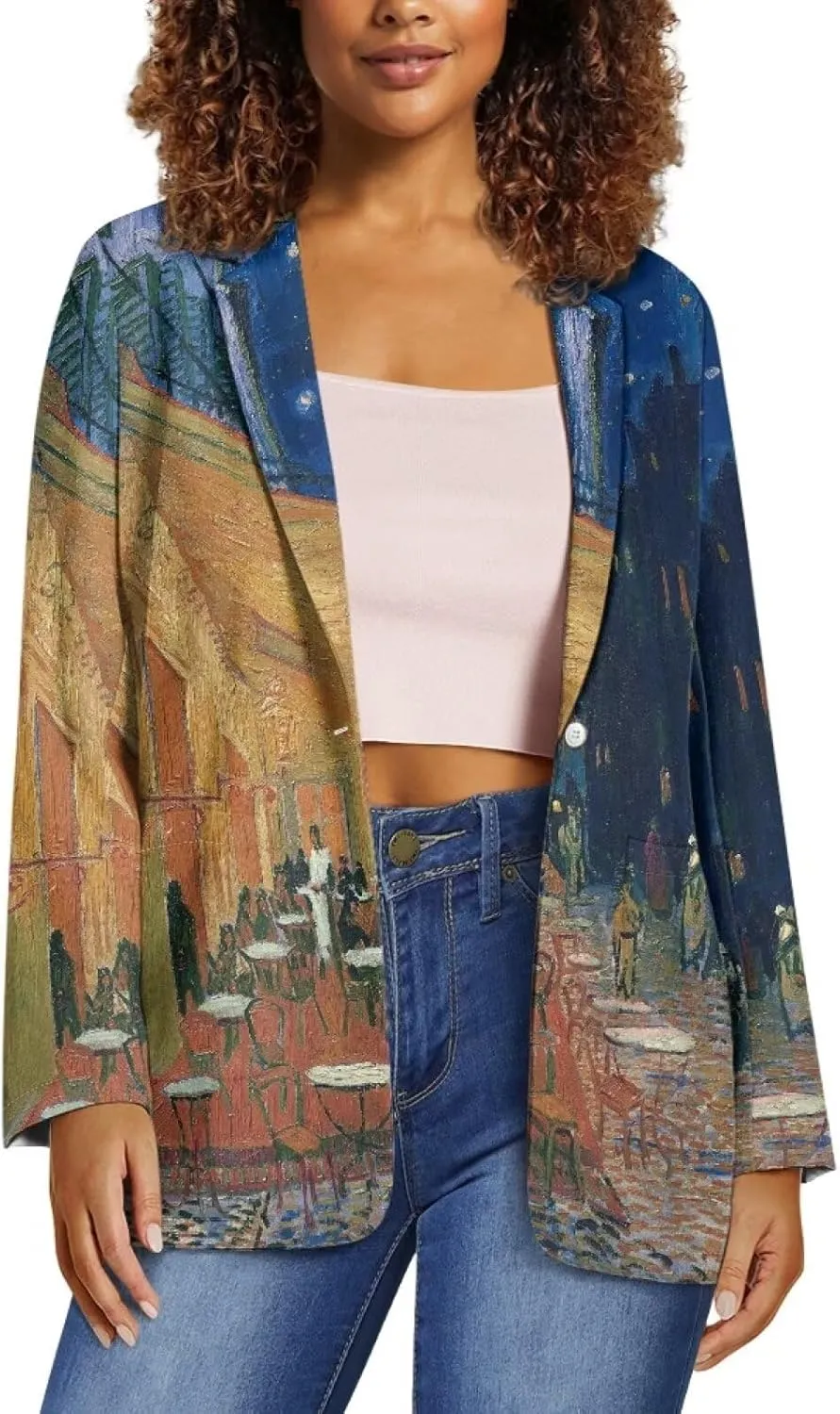Oil Painting Printed Women's Long Sleeve Blazer with Pockets Single Button Jacket for Painting Exhibition, Party