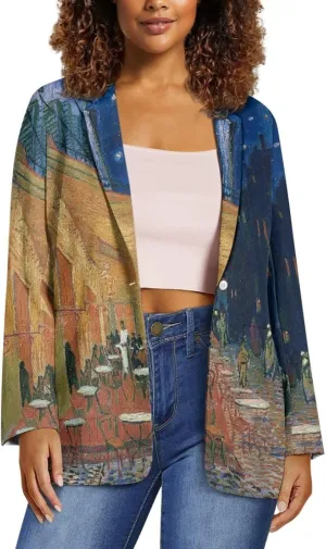 Oil Painting Printed Women's Long Sleeve Blazer with Pockets Single Button Jacket for Painting Exhibition, Party