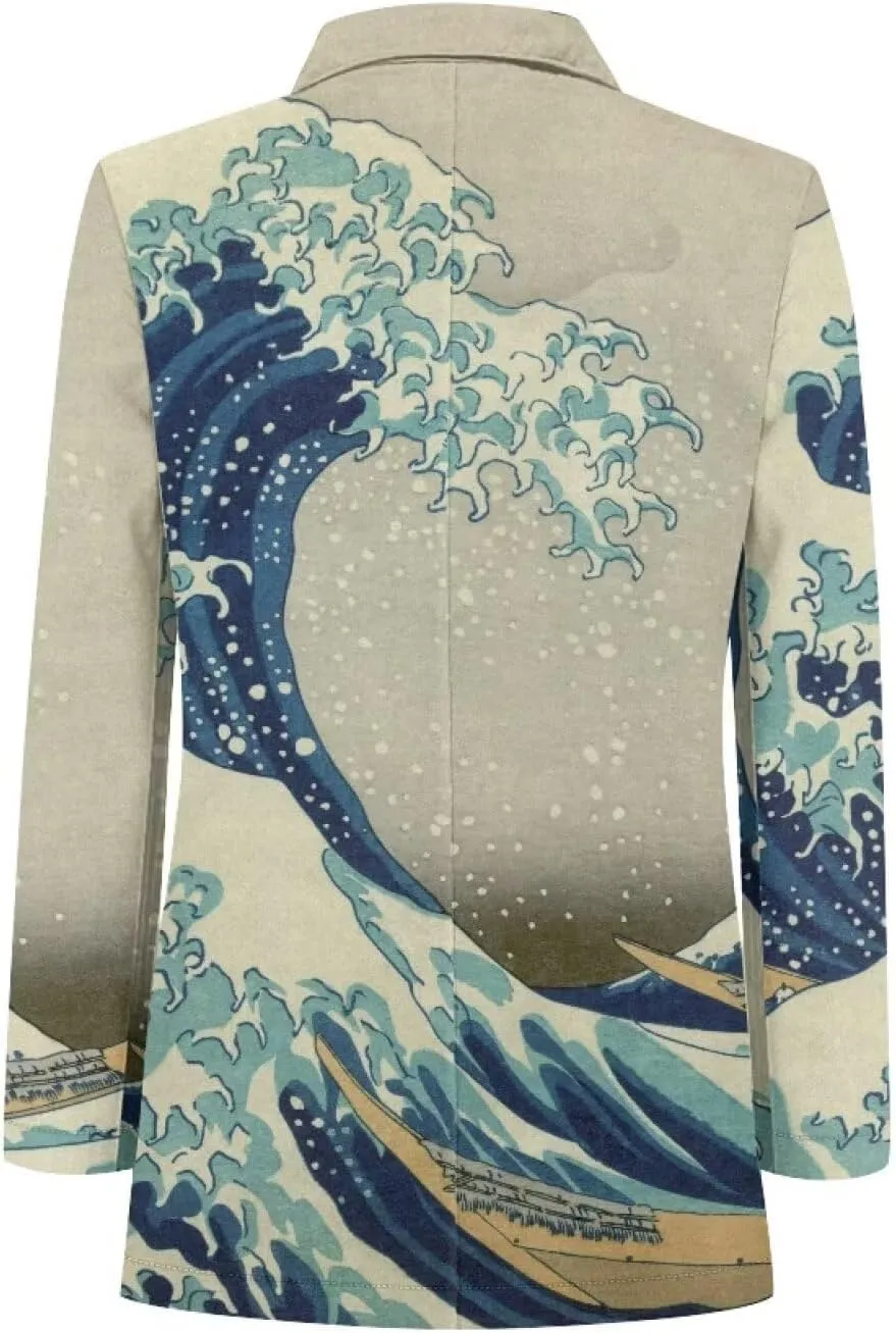Oil Painting Printed Women's Long Sleeve Blazer with Pockets Single Button Jacket for Painting Exhibition, Party
