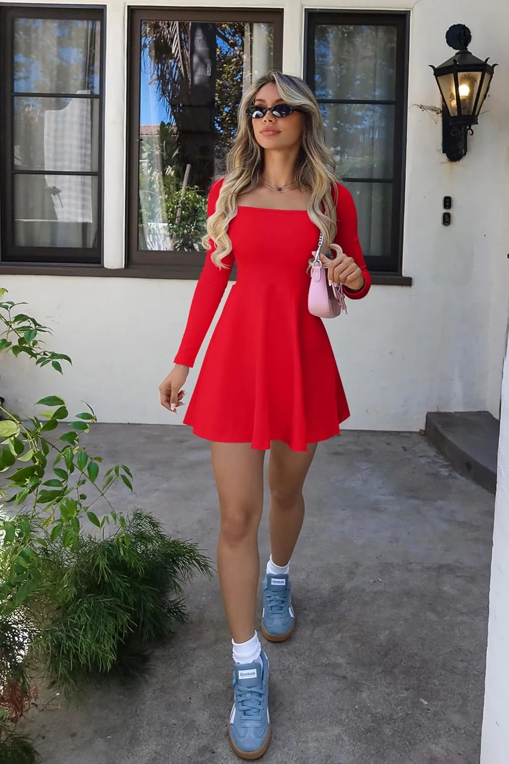 OQQ Women Long Sleeve Dresses Square Neck Casual Party Club A-Line Mini Dress
