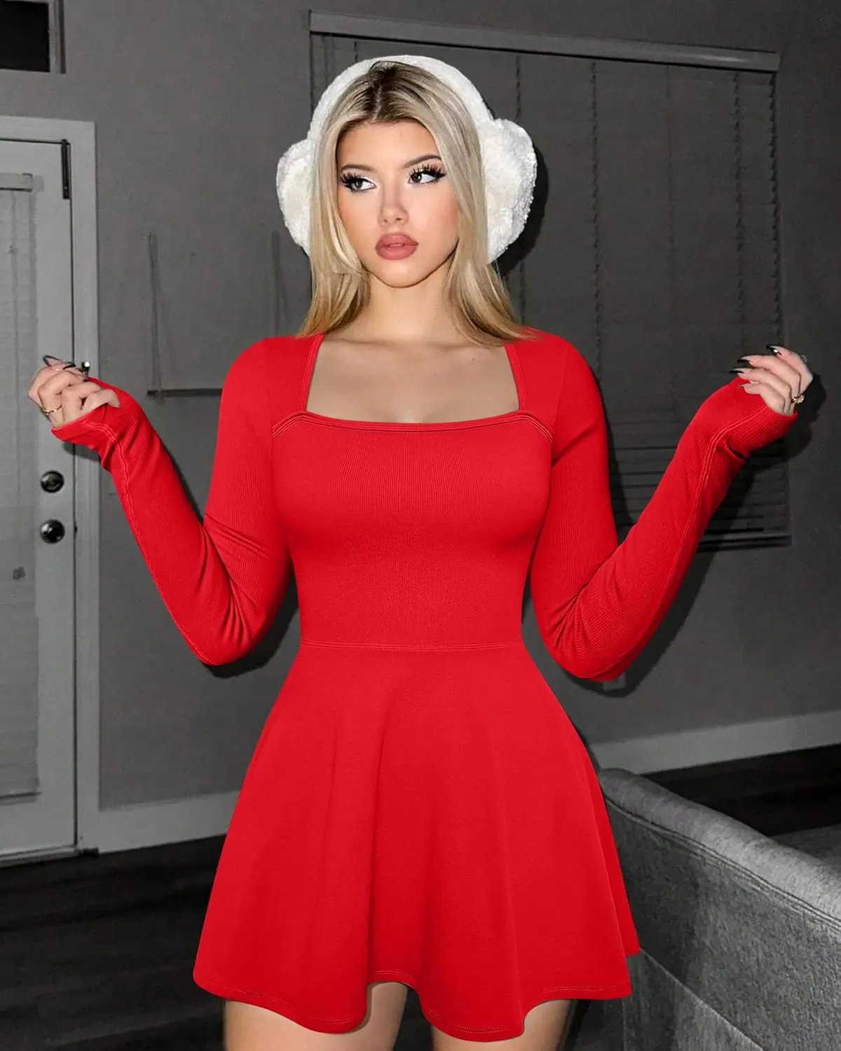 OQQ Women Long Sleeve Dresses Square Neck Casual Party Club A-Line Mini Dress