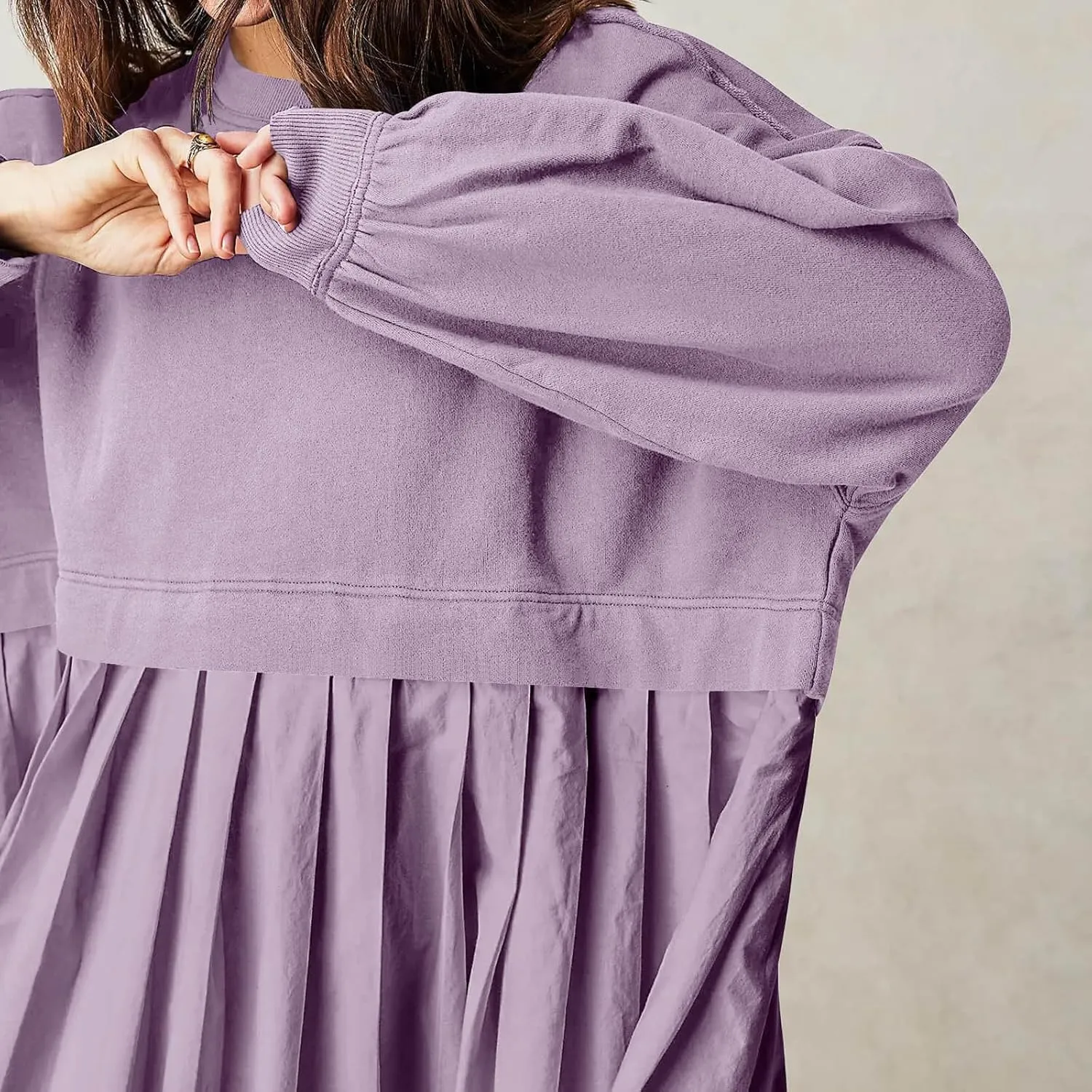 Oversized Sweatshirt Dress for Women Long Sleeve Patchwork Crewneck Pullover Loose Flowy Pleated Tops Mini Dress