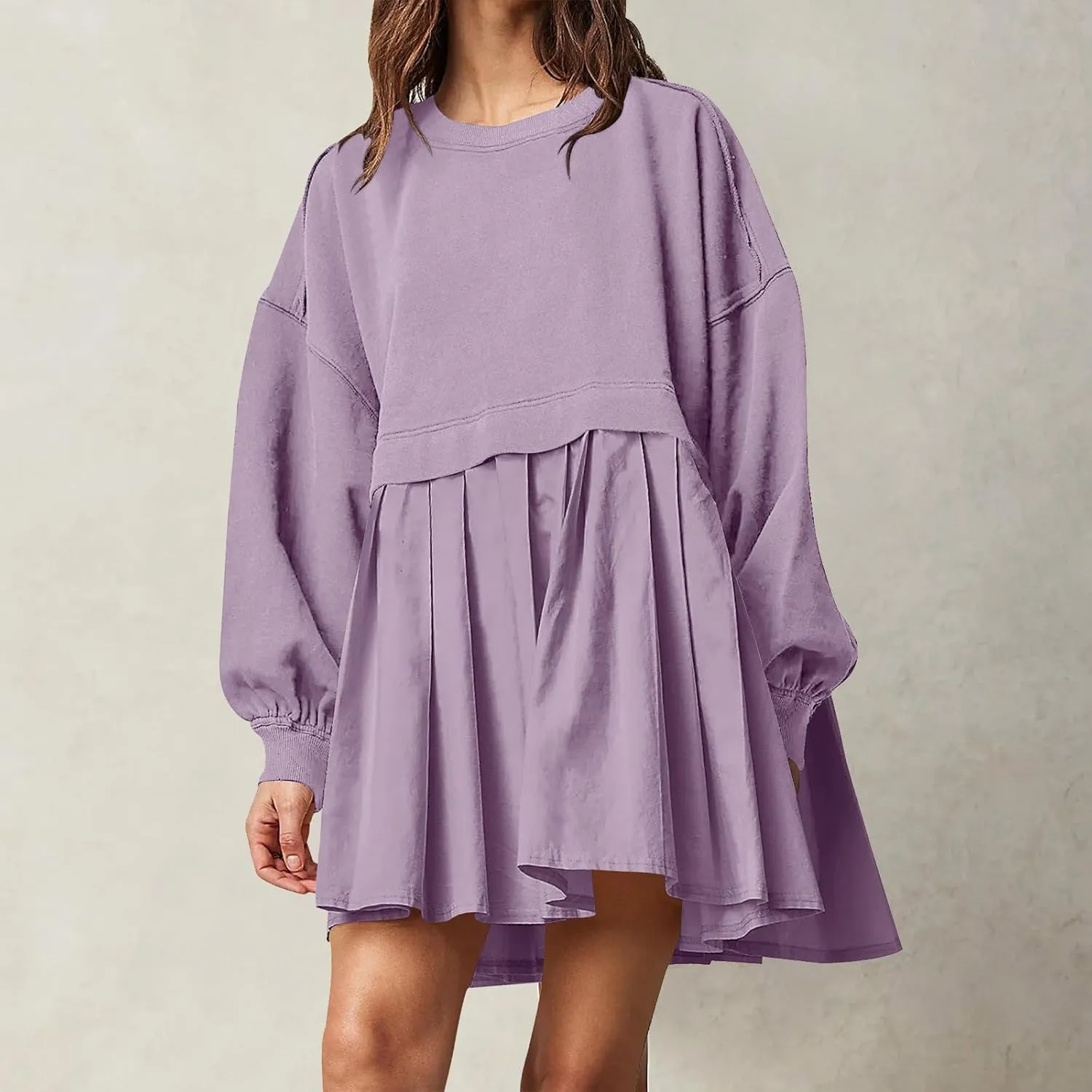 Oversized Sweatshirt Dress for Women Long Sleeve Patchwork Crewneck Pullover Loose Flowy Pleated Tops Mini Dress