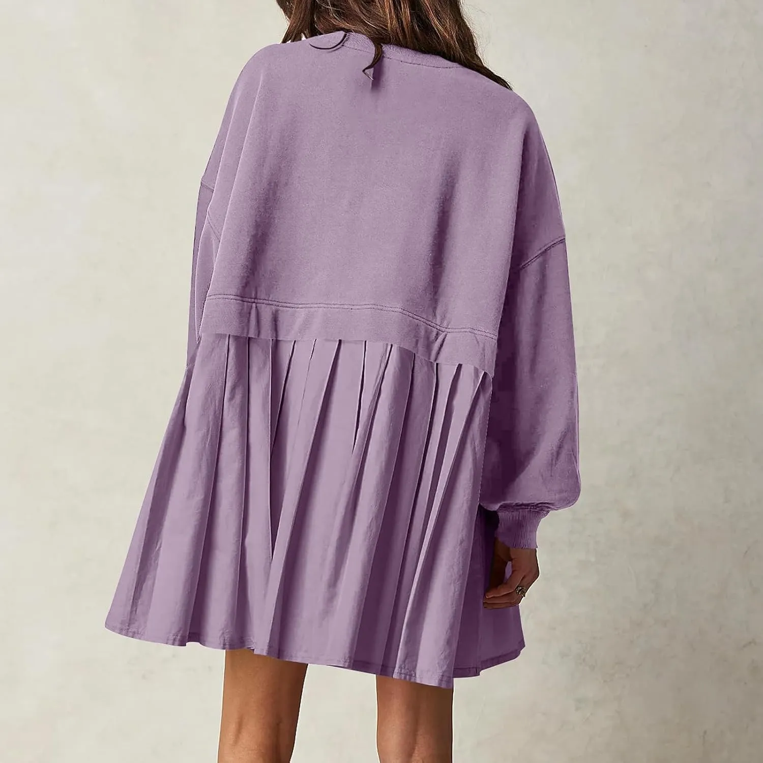 Oversized Sweatshirt Dress for Women Long Sleeve Patchwork Crewneck Pullover Loose Flowy Pleated Tops Mini Dress