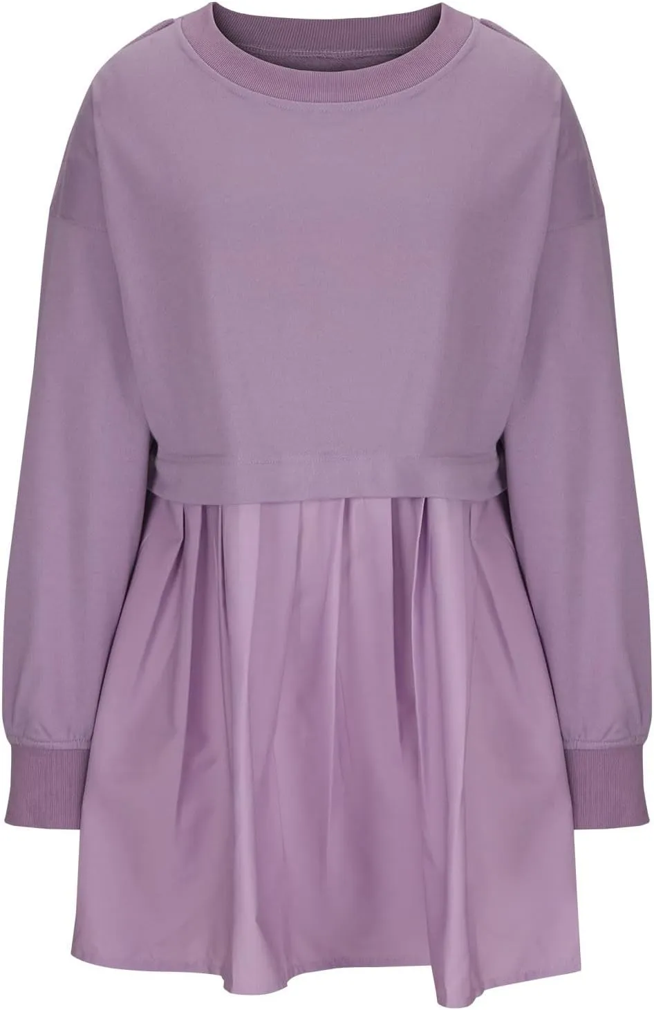 Oversized Sweatshirt Dress for Women Long Sleeve Patchwork Crewneck Pullover Loose Flowy Pleated Tops Mini Dress