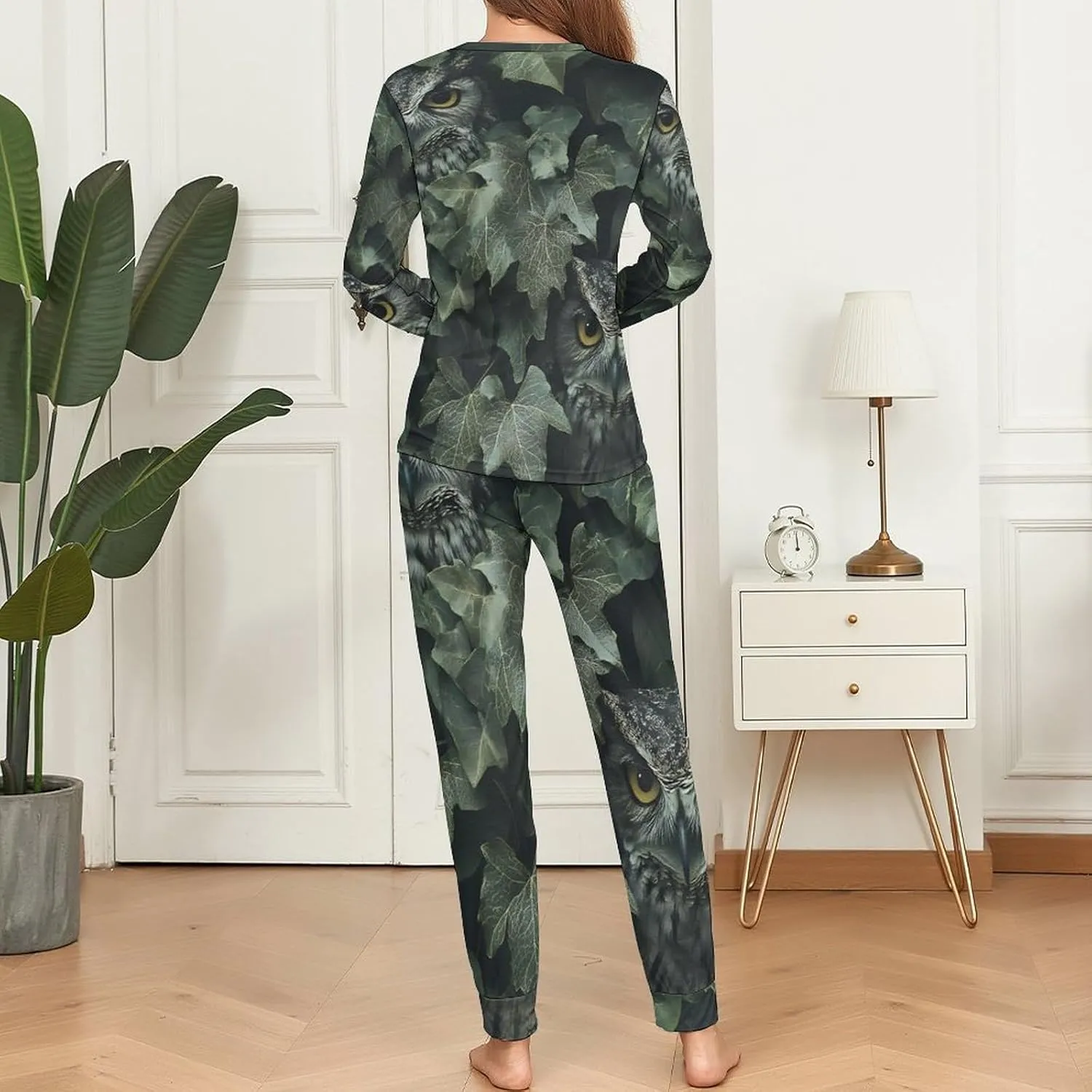 Owl Hiding in The Ivy Women's Pajama Set Long Sleeve T-shirts Top & Pant Comfort Sleepwear Loungewear