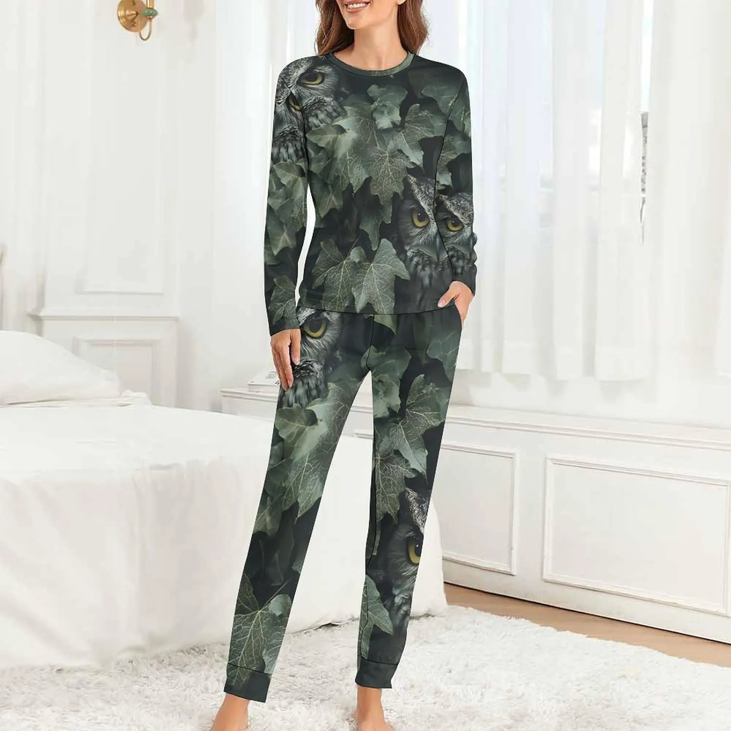 Owl Hiding in The Ivy Women's Pajama Set Long Sleeve T-shirts Top & Pant Comfort Sleepwear Loungewear